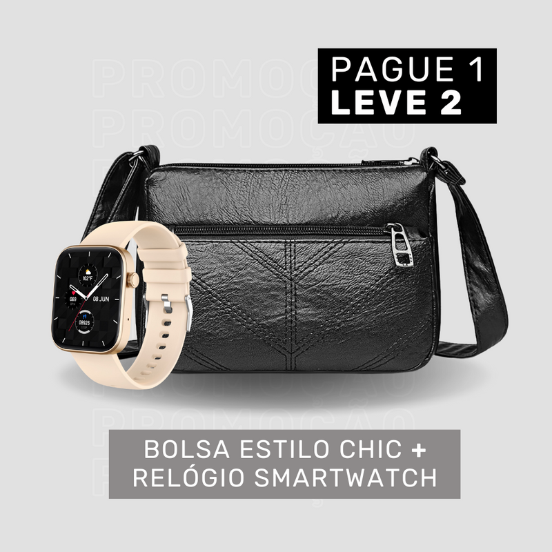 Bolsa de Couro Legítimo Feminina Transversal - Estilo Chic + Smartwatch (brinde grátis)