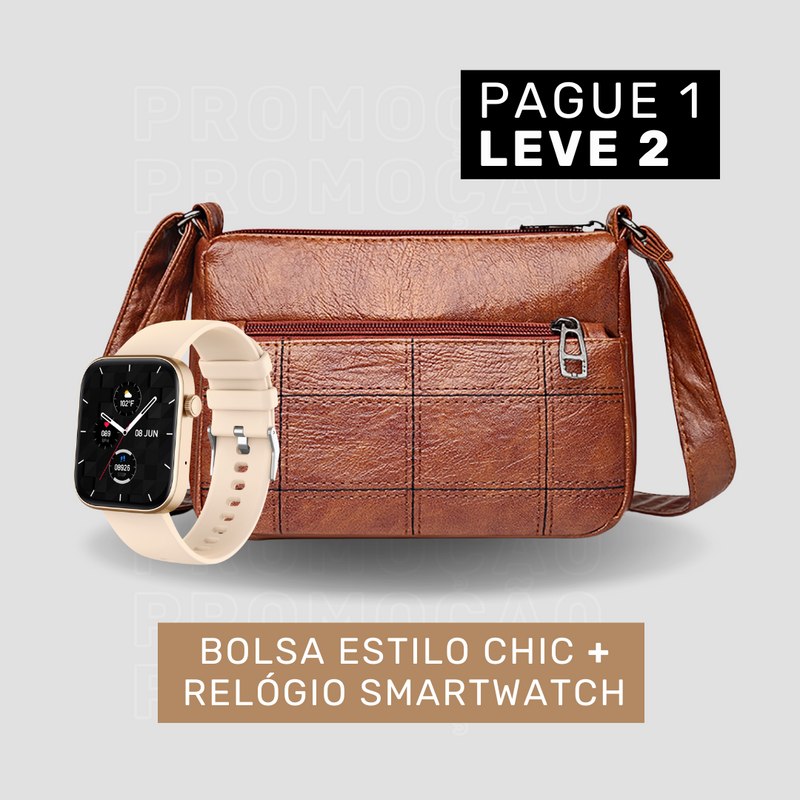 Bolsa de Couro Legítimo Feminina Transversal - Estilo Chic + Smartwatch (brinde grátis)