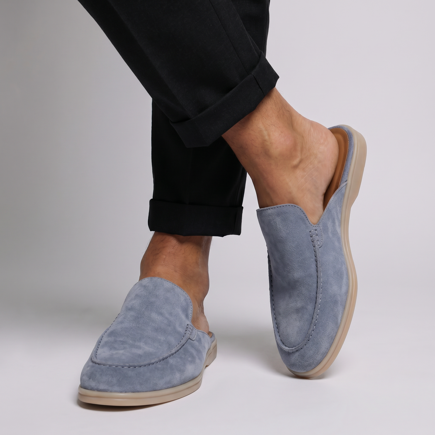 Mules de Piel con Ante Azul Claro para Hombre - Riviera Style