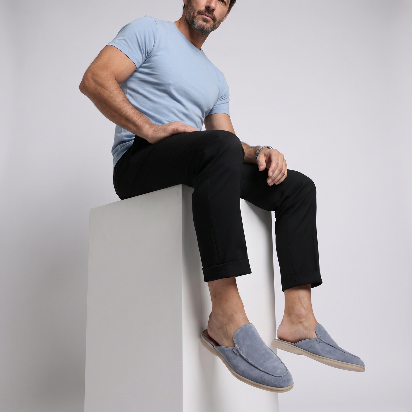 Mules de Piel con Ante Azul Claro para Hombre - Riviera Style