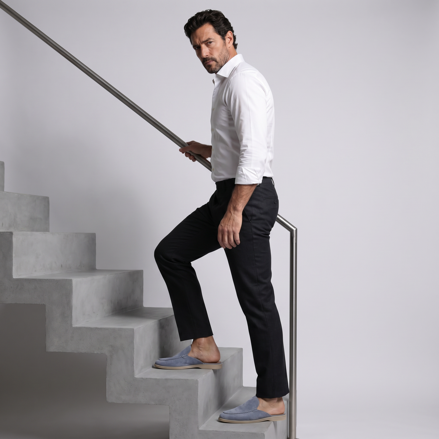 Mules de Piel con Ante Azul Claro para Hombre - Riviera Style