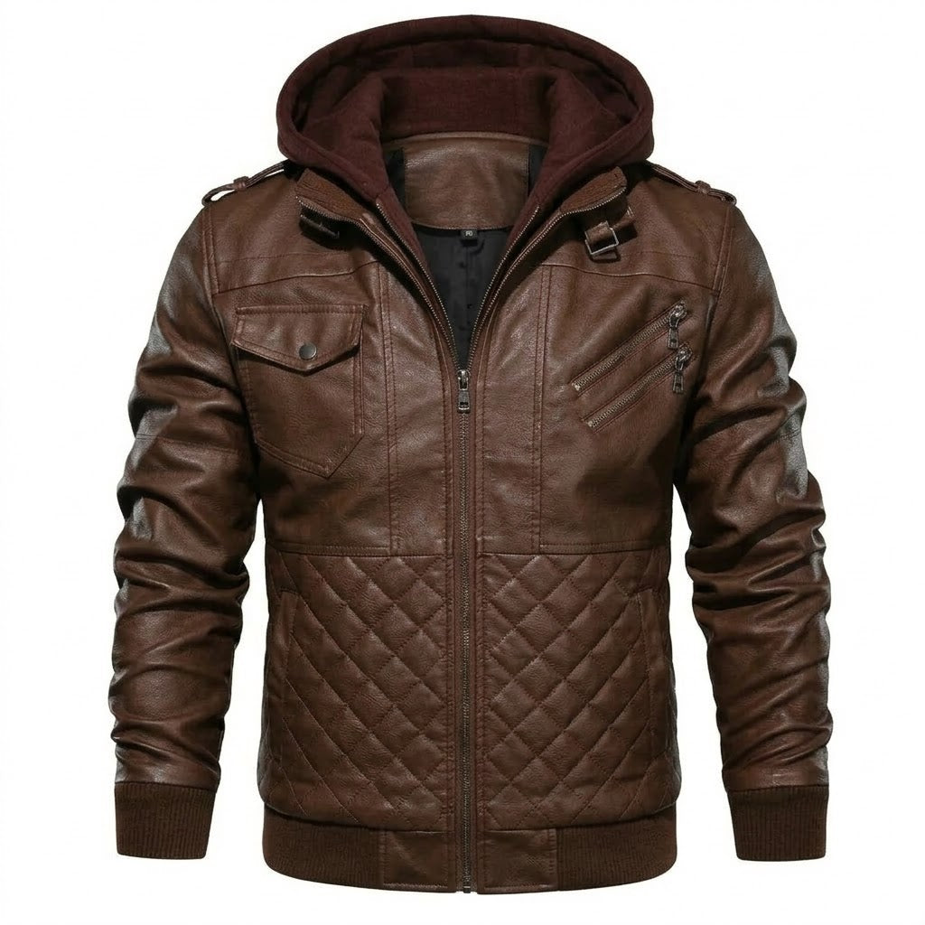 Chaqueta de Piel Bomber para Hombre con Capucha Desmontable – Elegancia en Piel