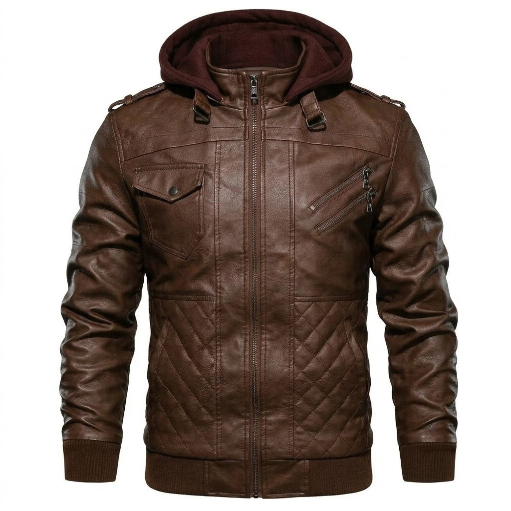 Chaqueta de Piel Bomber para Hombre con Capucha Desmontable – Elegancia en Piel