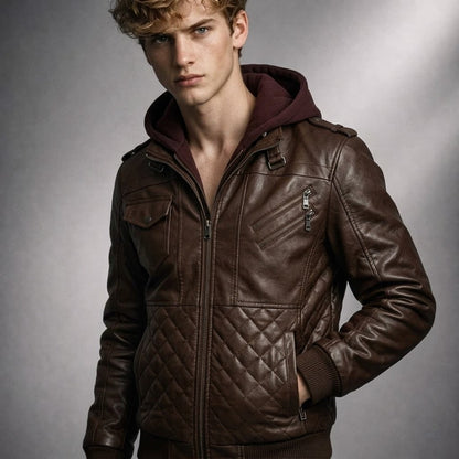 Chaqueta de Piel Bomber para Hombre con Capucha Desmontable – Elegancia en Piel