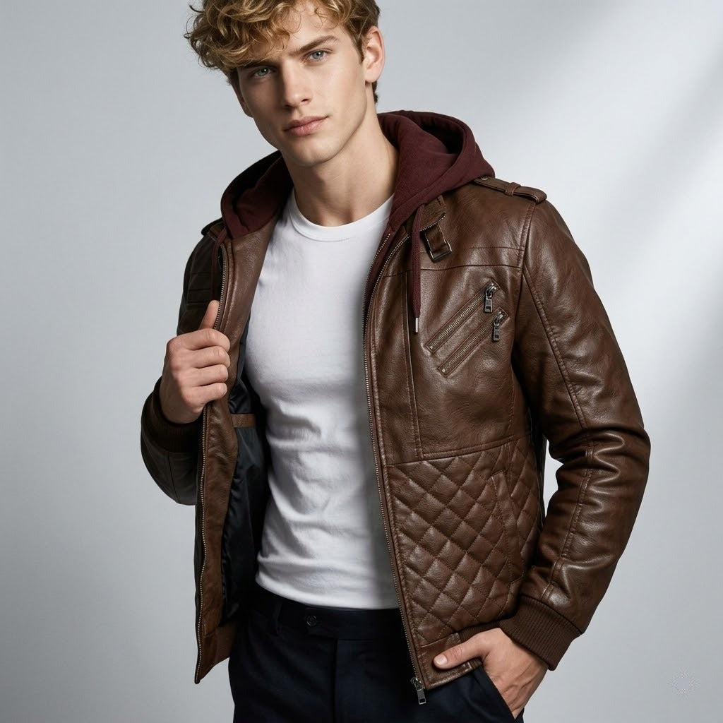 Chaqueta de Piel Bomber para Hombre con Capucha Desmontable – Elegancia en Piel